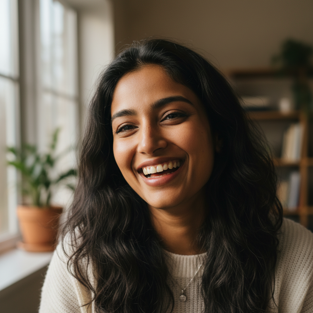 South Asian woman with long dark hair smiling warm indoor lighting