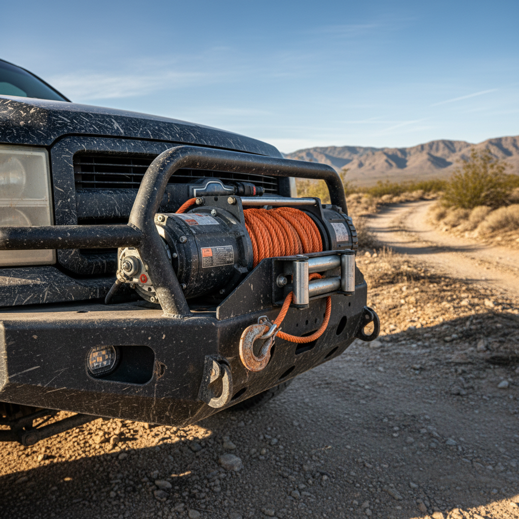 Electric winch mounted on truck bumper with recovery rope for off-road extraction