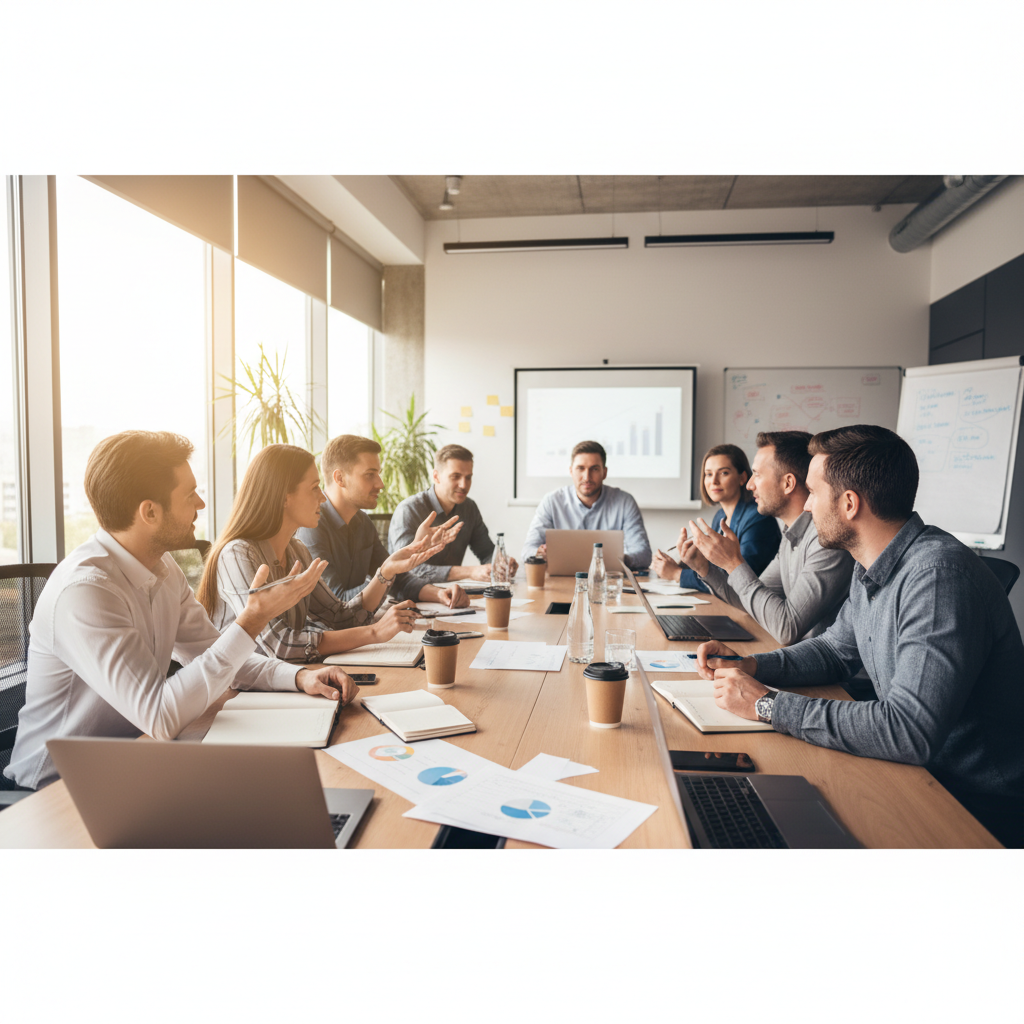 Group of professionals in a training session around a conference table