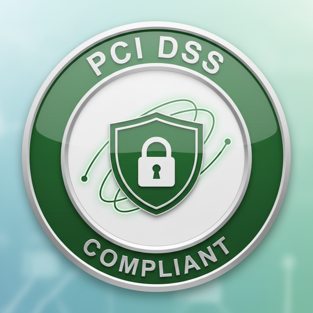 PCI DSS compliance badge with red and black security lock icon on white background