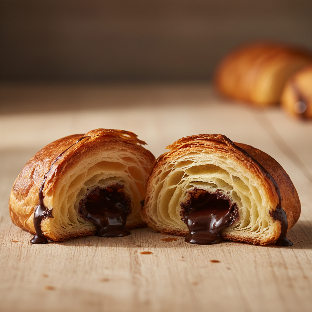 Pain au chocolat with dark chocolate visible, flaky pastry exterior