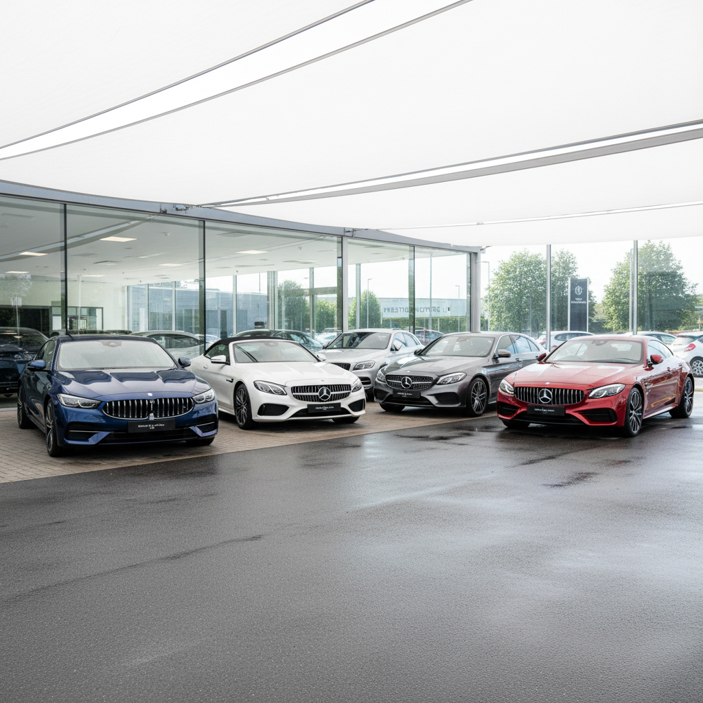 Row of new cars at a UK dealership forecourt showing popular models available for sale in 2026