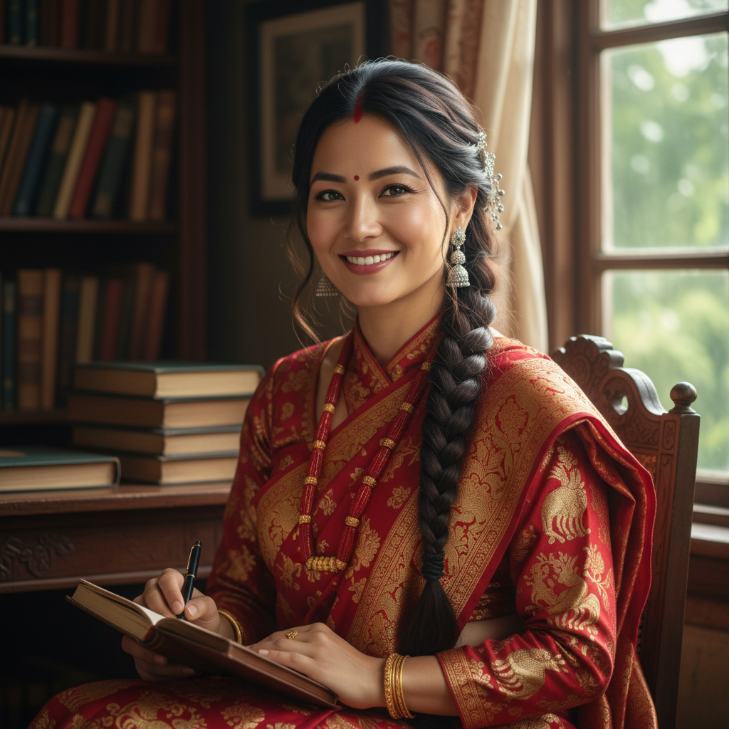 Portrait of young South Asian woman author with warm smile