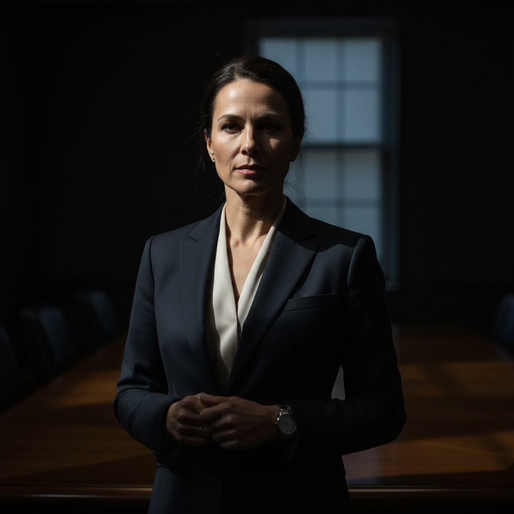 Female board director, minimal jewellery, high-contrast chiaroscuro lighting