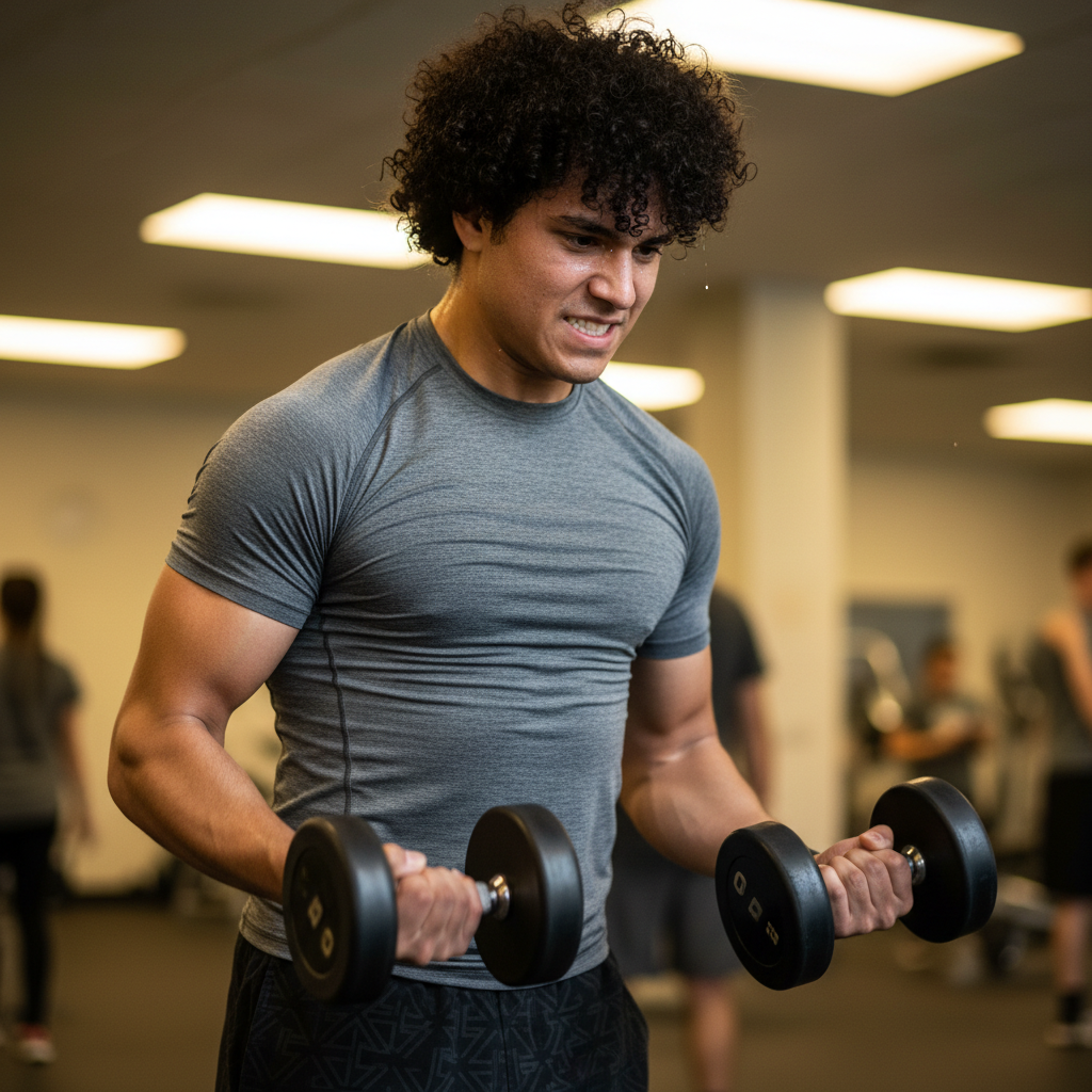 Athletic person with curly hair in gym setting looking focused