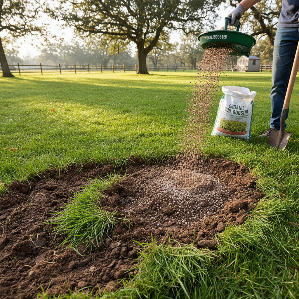 Soil treatment and amendment being applied to lawn showing rich dark earth and healthy grass roots