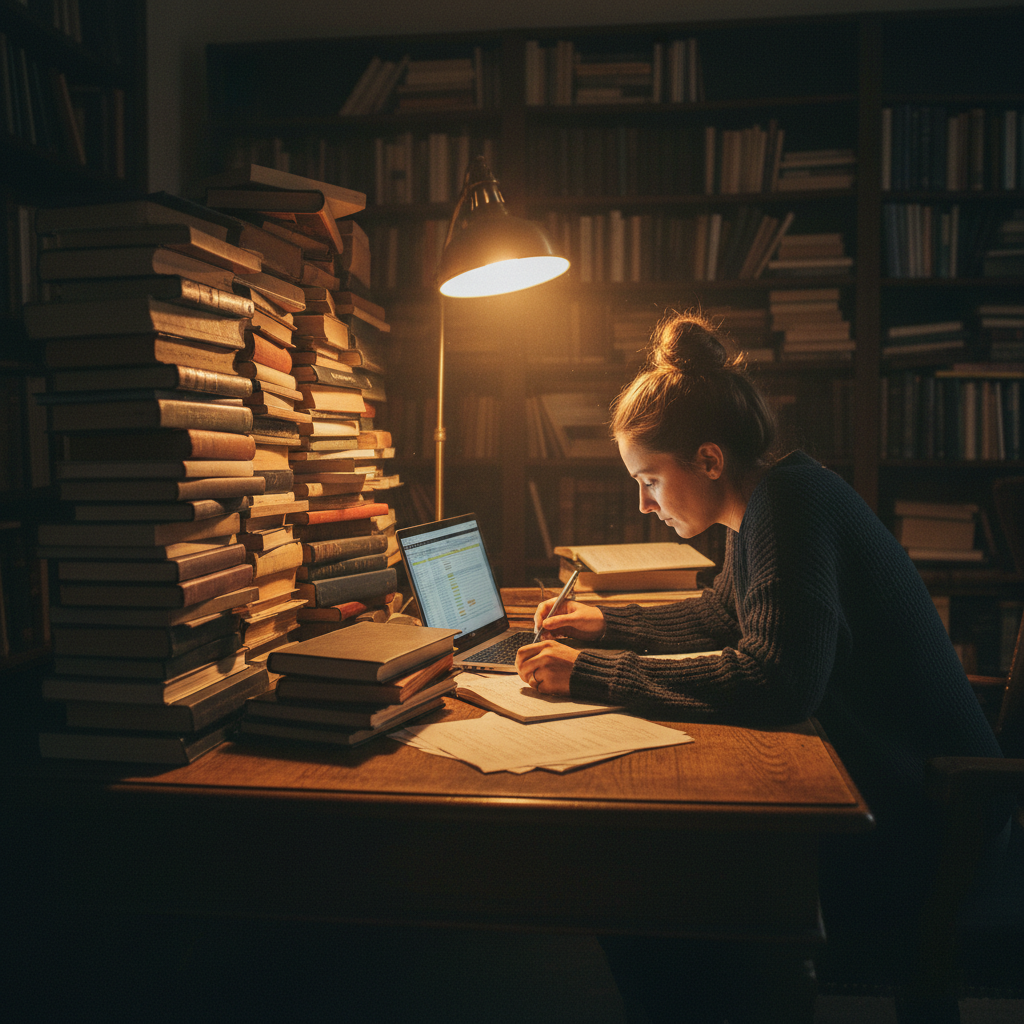 Books stacked on dark desk with warm focused lamp, literary study atmosphere, deep shadows