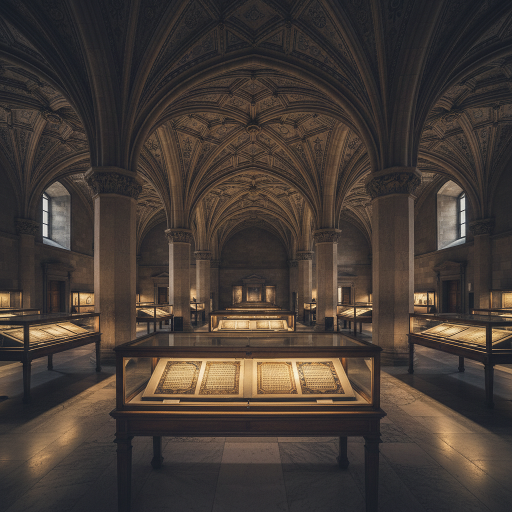 Grand museum gallery at night, empty halls, dramatic spotlights cutting through darkness, deep atmospheric shadows