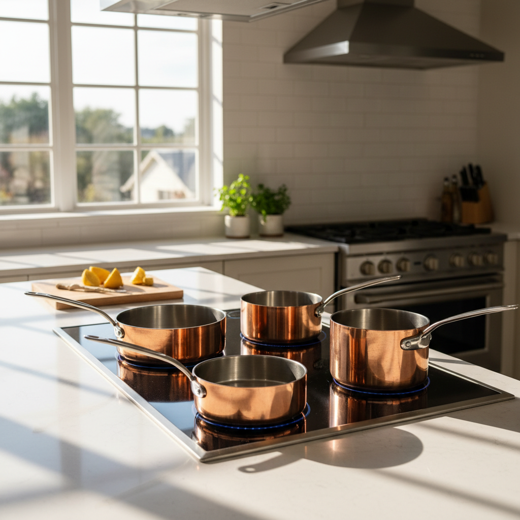 Professional induction burners set up on a residential kitchen countertop with copper pans