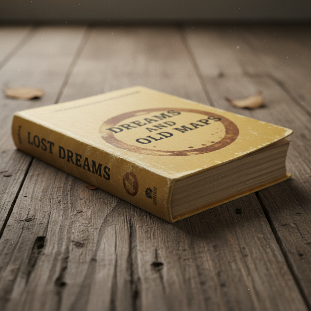 Worn paperback with creased spine and coffee ring on cover, sitting on worn wooden floor