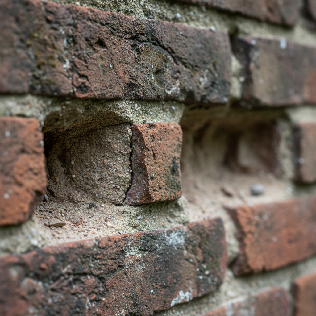 Deteriorated mortar joints in brick wall before tuckpointing repair showing crumbling gaps