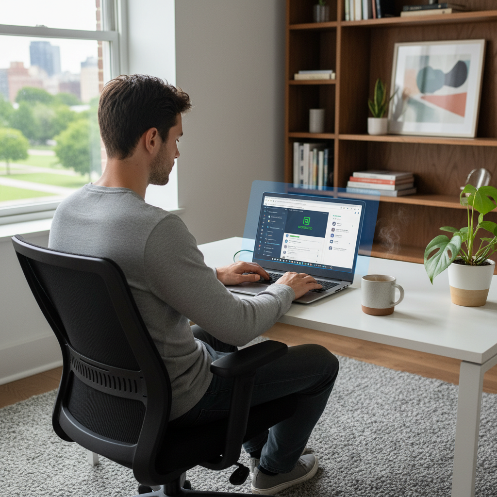Person working remotely on a laptop at home with a secure VPN connection and Microsoft Teams open on screen