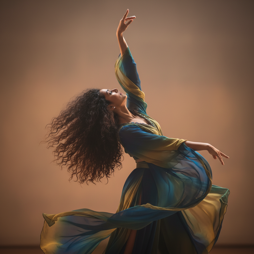 Ms. Priya, South Asian woman with curly hair, mid-dance pose in studio