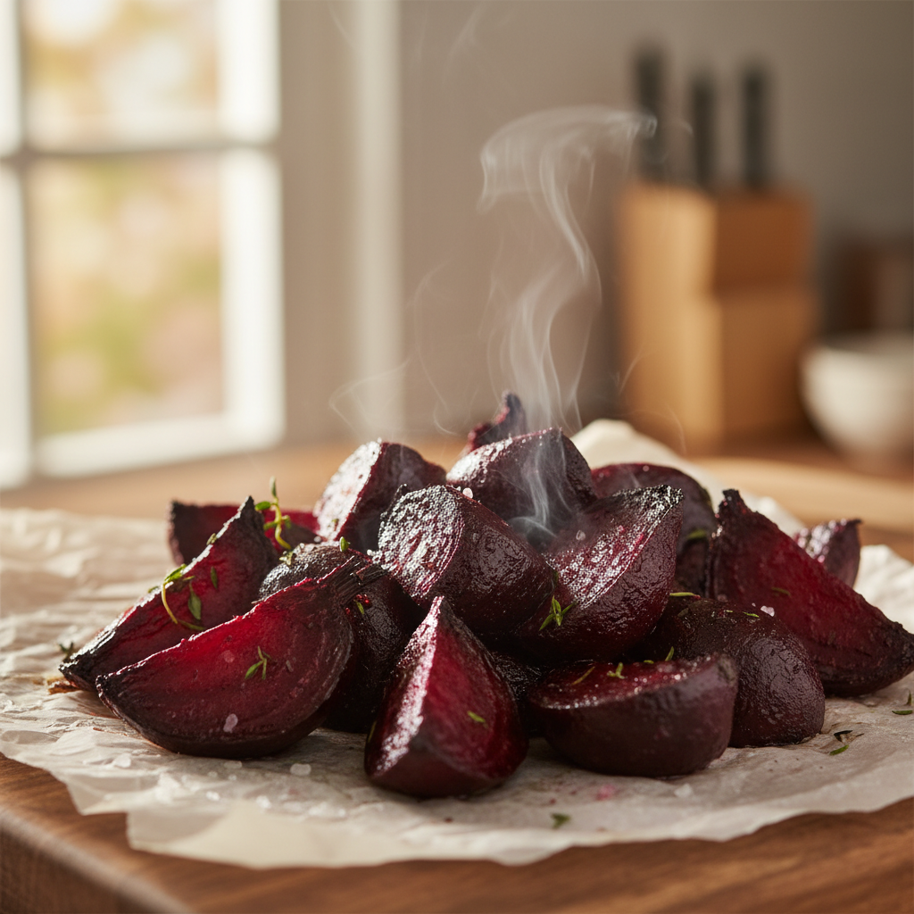 Deep purple roasted beets on parchment paper with charred edges and steam rising
