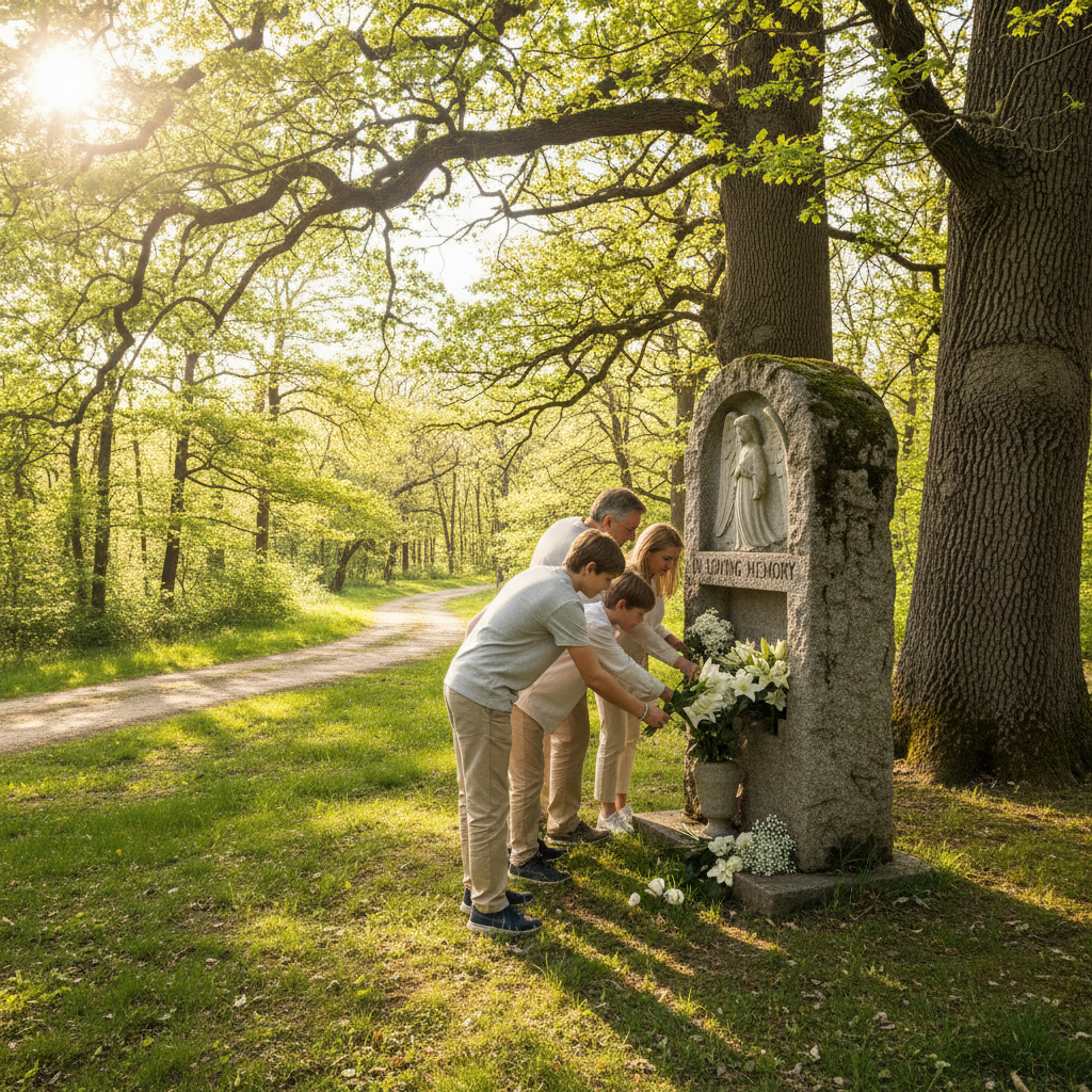 A family placing white flowers at a stone memorial niche on a bright spring morning, sunlight through old oak trees