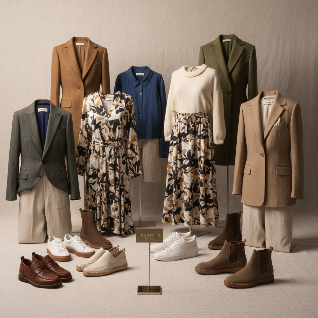 Stylish fashion collection featuring trendy clothing items displayed on mannequins in a modern boutique setting