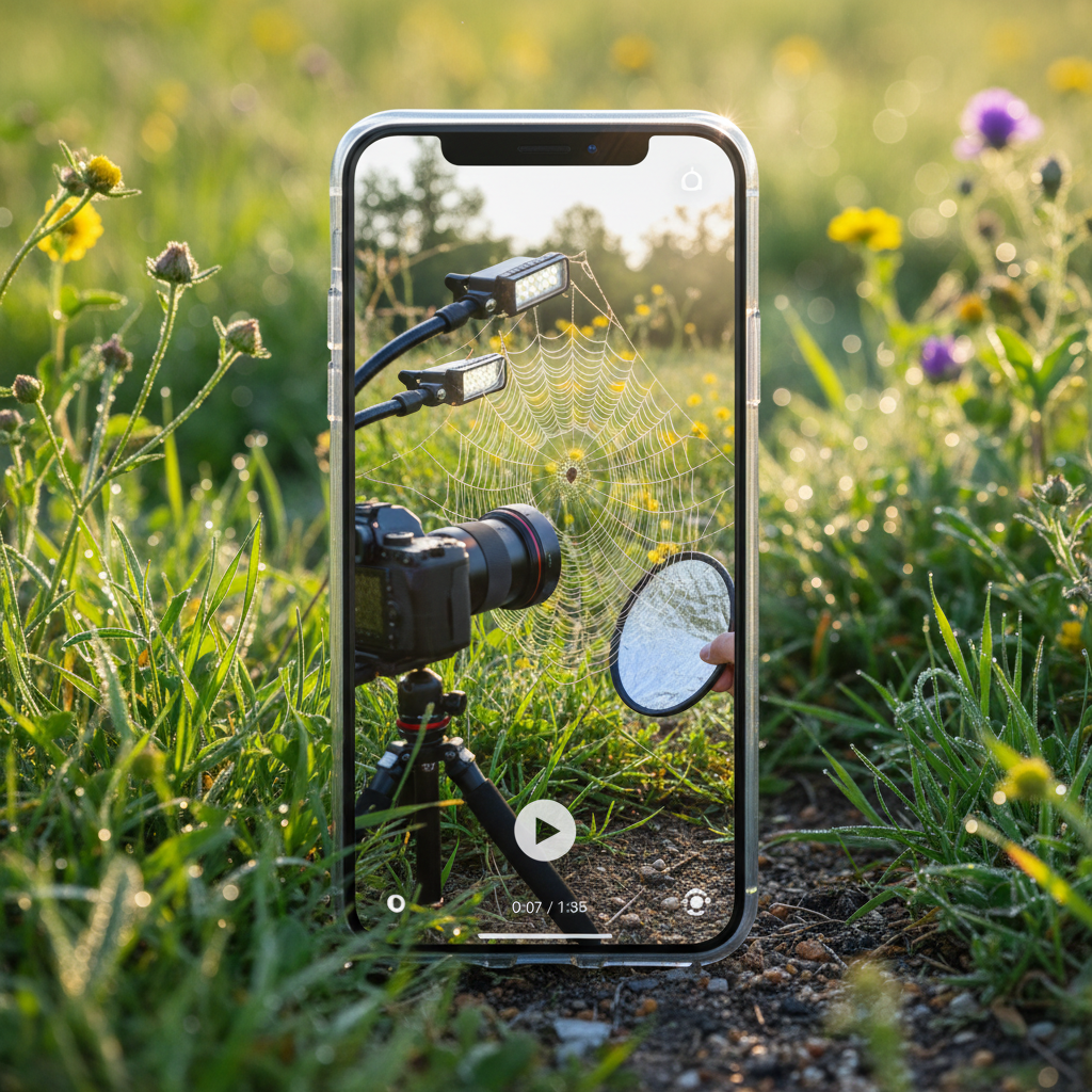 Phone screen showing behind-the-scenes video clip of macro photography setup in field