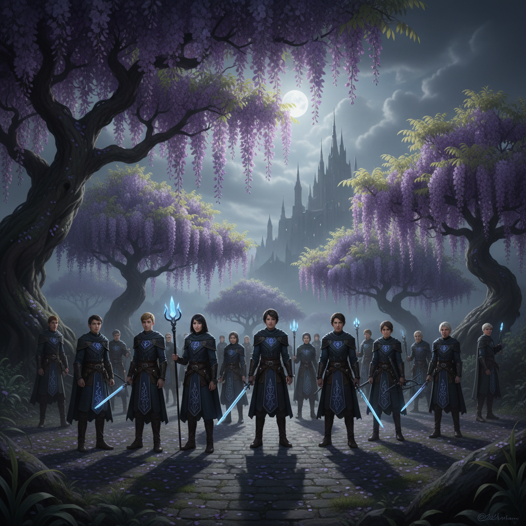 Demon slayer corps members approaching a massive dark castle in the distance at night
