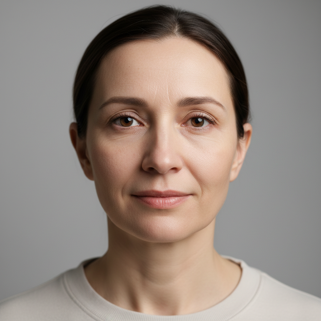 Renata before PRP showing volume loss and hollowing under eyes in honest studio light