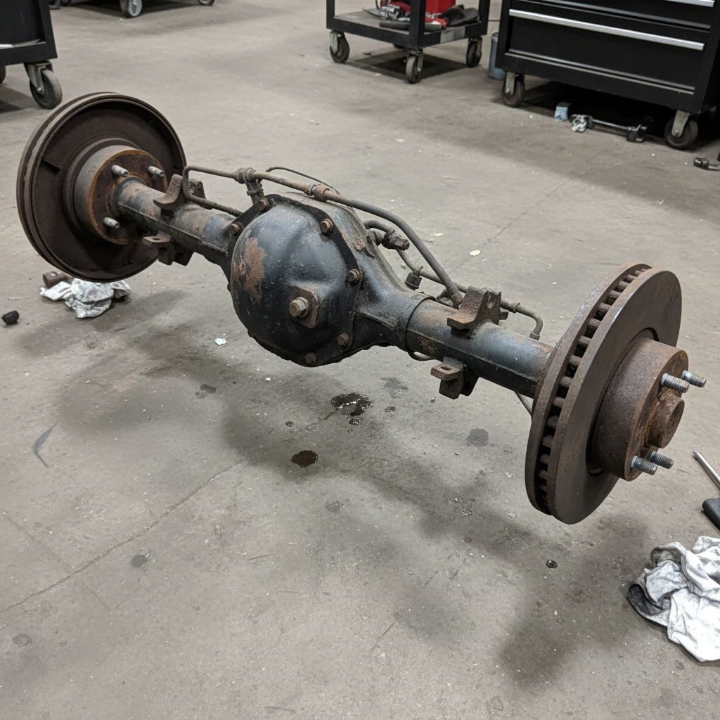 10-bolt rear axle assembly on shop floor, complete with brake drums and backing plates