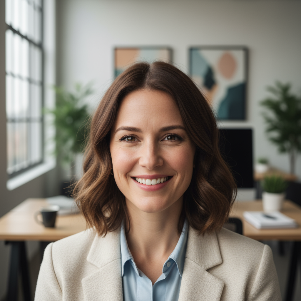 Professional headshot of middle-aged Azerbaijani woman with shoulder-length brown hair wearing blue blazer in modern office setting