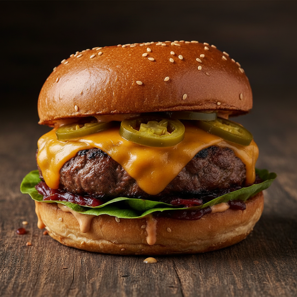 Off-menu dry-aged burger with smoked cheddar and pickled jalapeño on a dark wooden surface