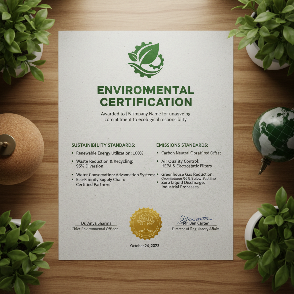 Environmental compliance certificate with sustainability and emissions standards