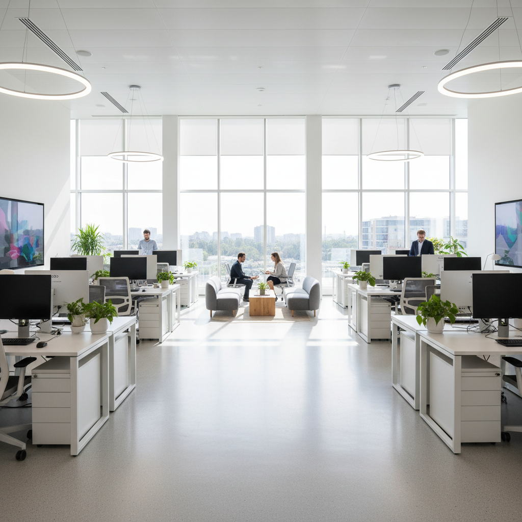 Modern open plan office with smooth charcoal epoxy floor, floor reflecting overhead lights, clean professional corporate environment