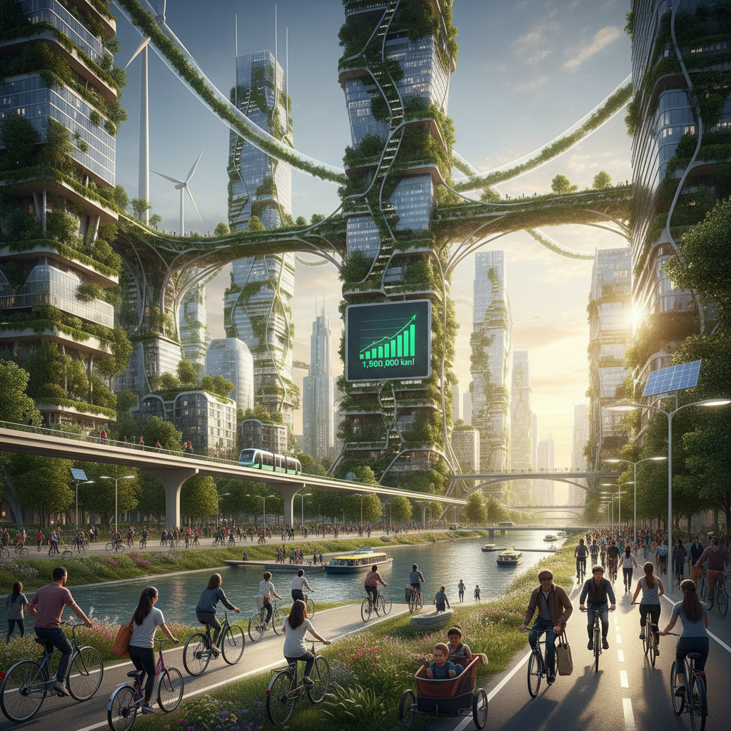 Person cycling through a green city with reusable bags and sustainable lifestyle choices on display
