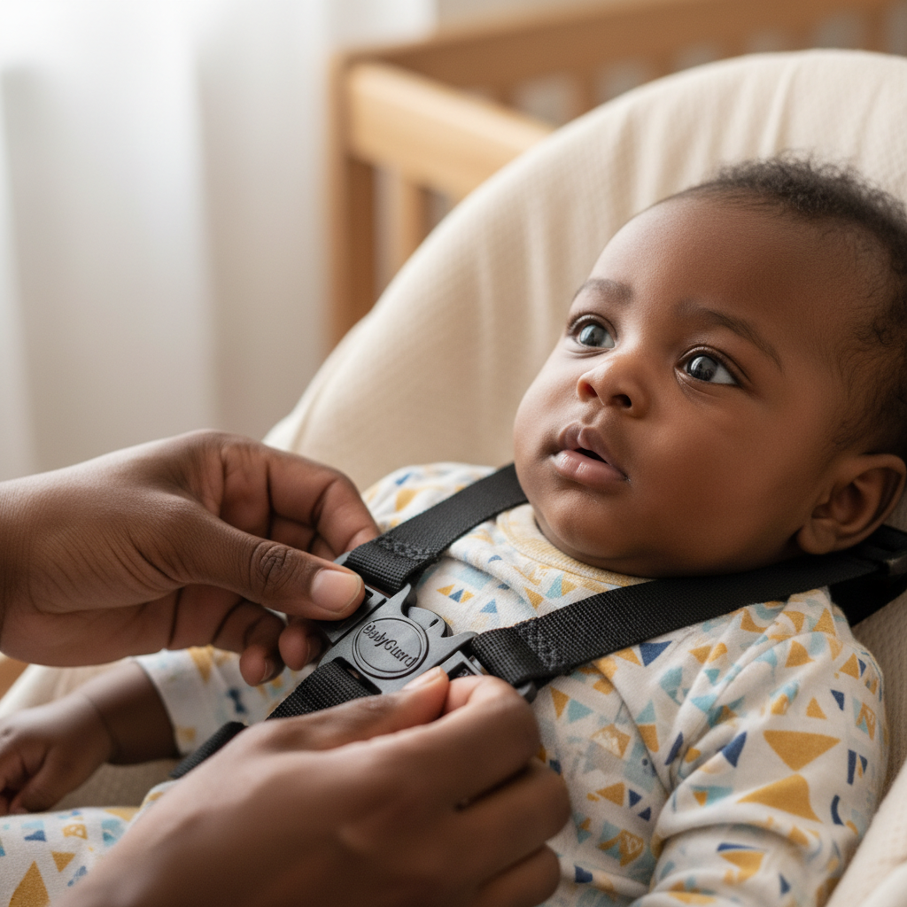 Close-up of adjusting BabyGuard straps on Nigerian baby, parent hands visible