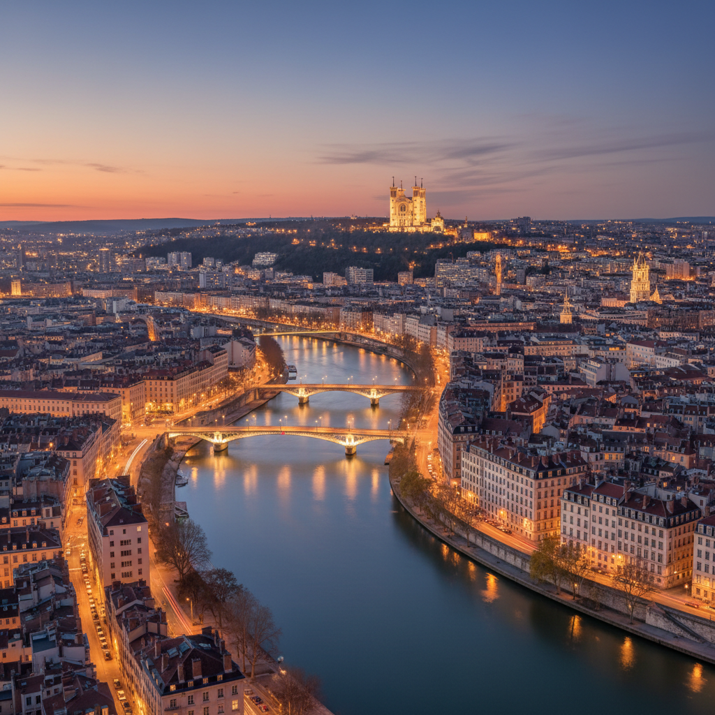 Lyon Fourvière basilica on hillside at night, city lights below in darkness, deep navy sky, dramatic architectural lighting on stone facade