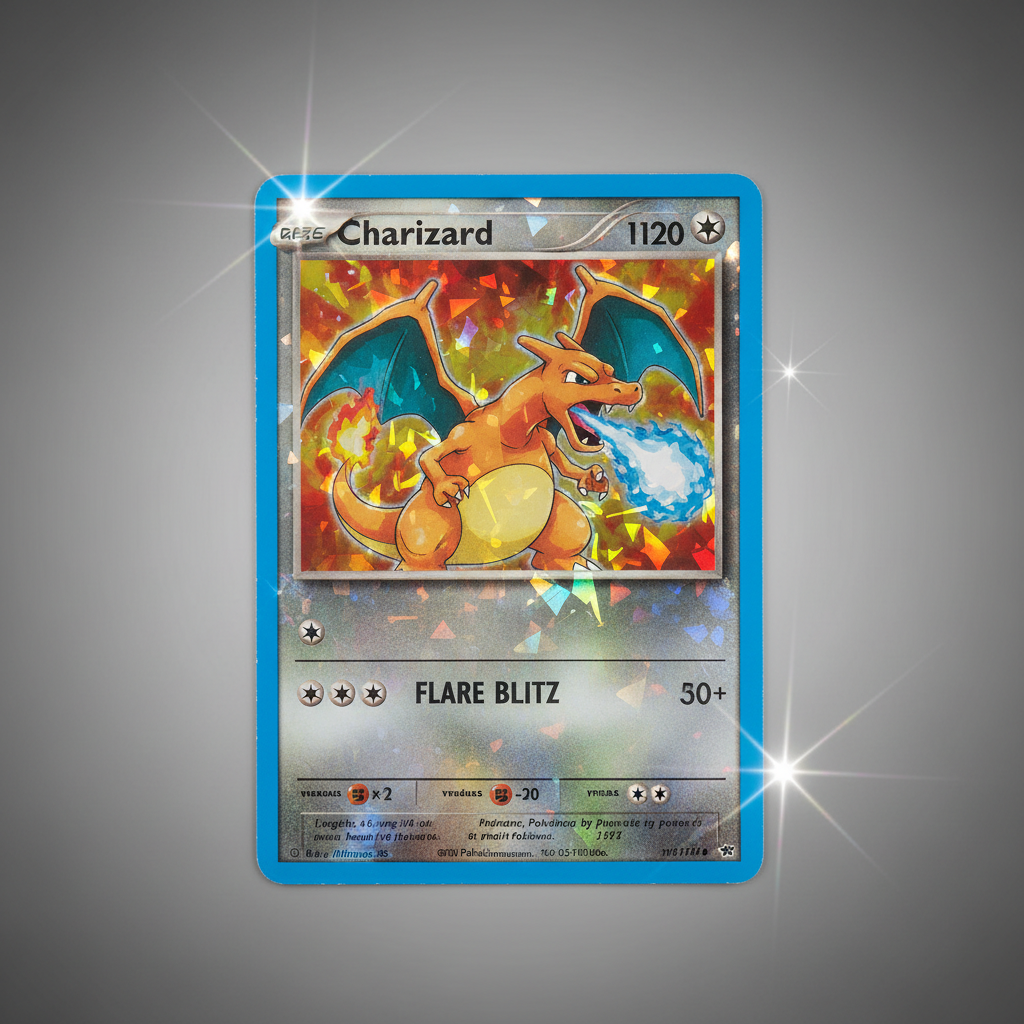 Close-up of holographic Pokémon card in RMK shop display case with neon blue lighting