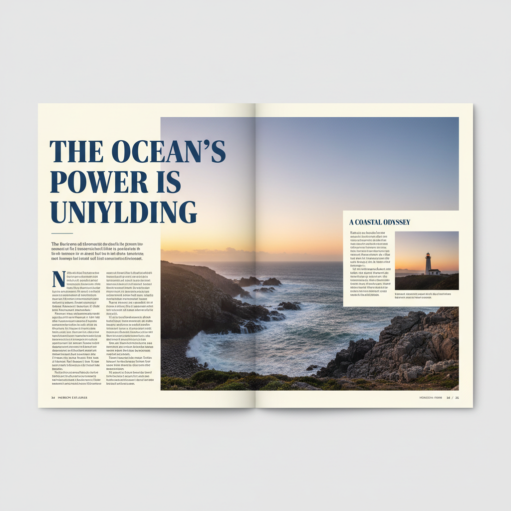 Magazine spread with full-bleed photography and minimal caption typography