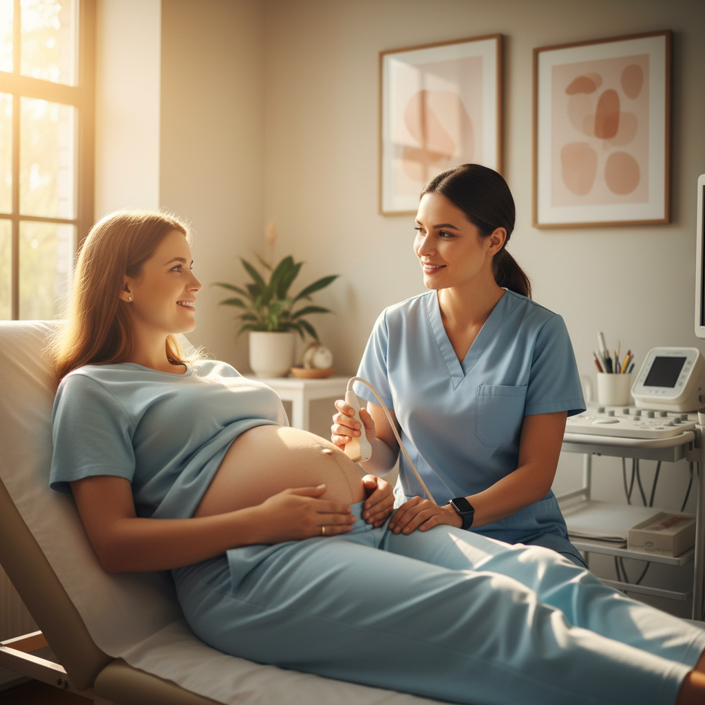Female healthcare worker consulting with a pregnant woman in a bright clinic room with natural light and clean white walls