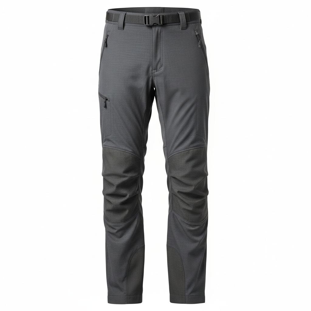Technical hardshell climbing pants in dark charcoal on bright clean background