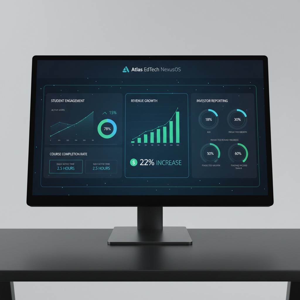 Atlas EdTech NexusOS dashboard showing student engagement metrics, revenue growth charts, and investor reporting panels