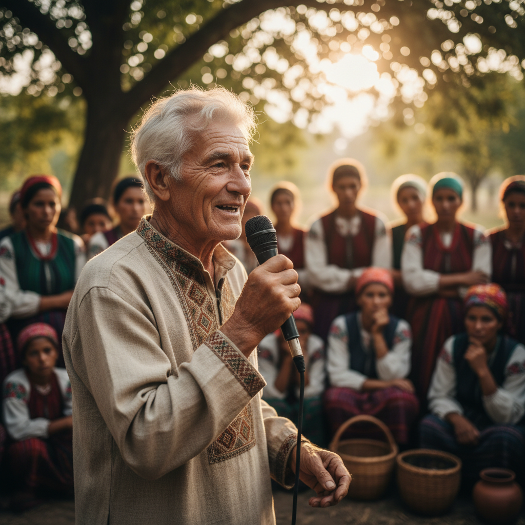 Elder speaking at village assembly with handheld microphone
