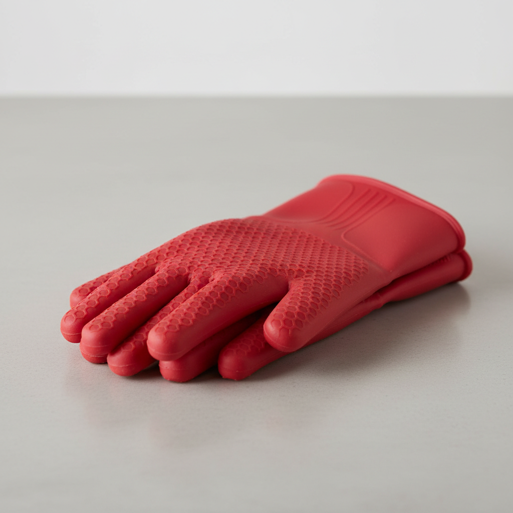 Red silicone cooking gloves pair, kitchen safety product