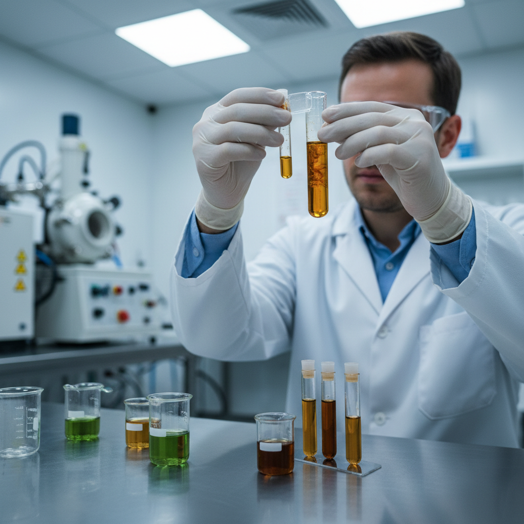 Laboratory scientist in white coat examining CBD oil sample under bright scientific lighting in clean lab environment