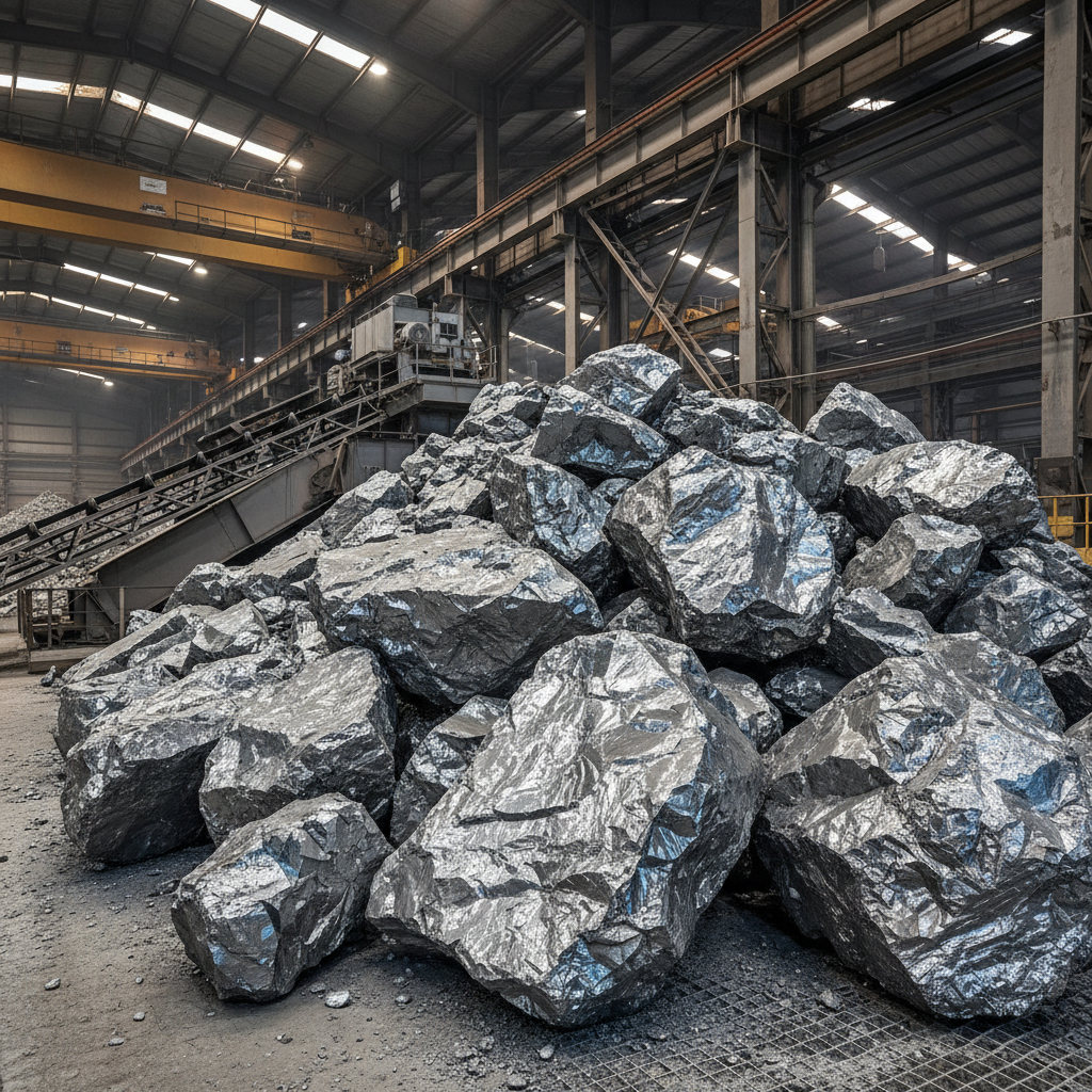 Dark metallic mineral ore cassiterite rocks with crystalline surface texture, dim studio lighting