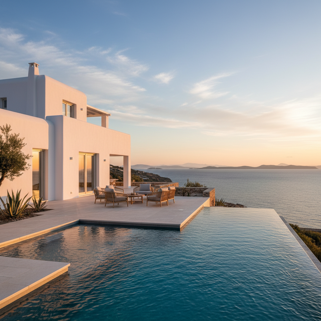 Panoramic Mediterranean sea view from elevated villa terrace at golden sunset, calm turquoise water, dramatic sky