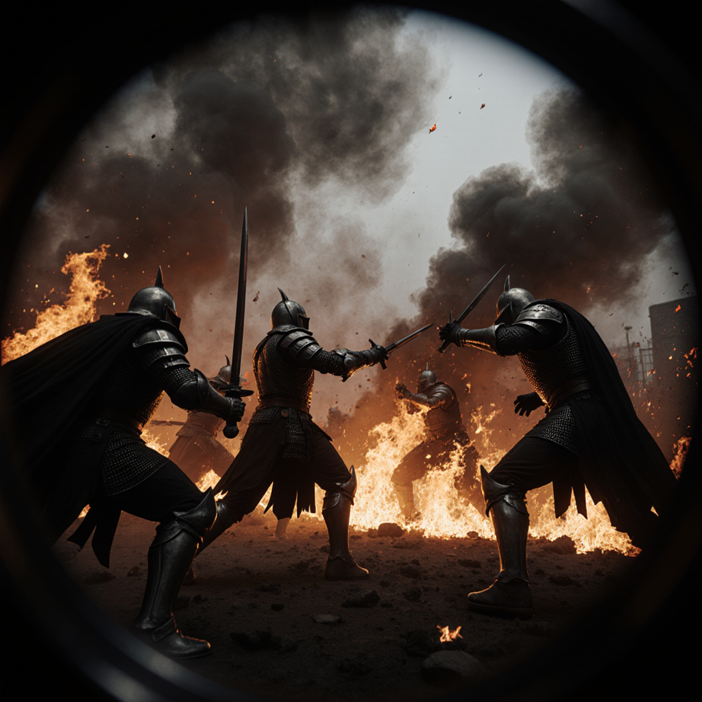 Dramatic dark fantasy battle scene with fire and smoke