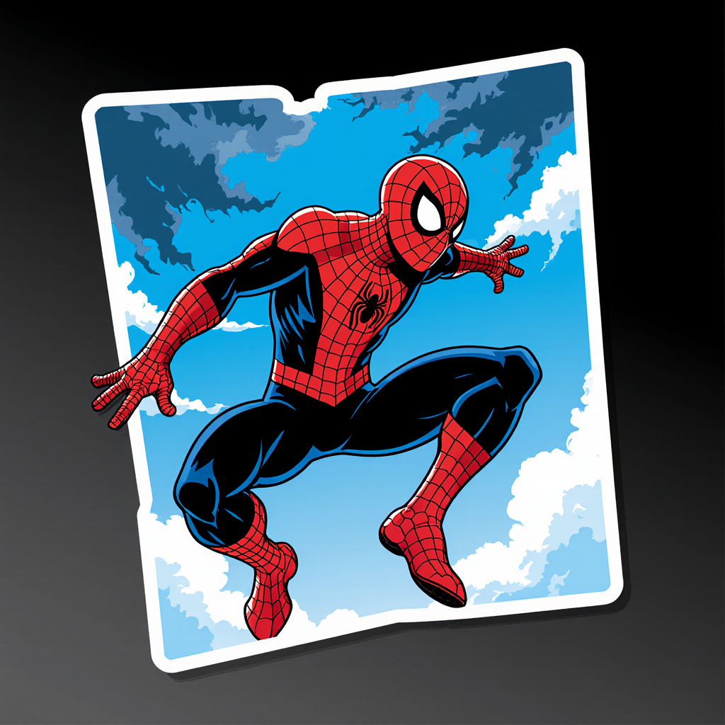 Spider-Man half-stepping out of a dark panel into light, stormy sky, comic panel transition metaphor