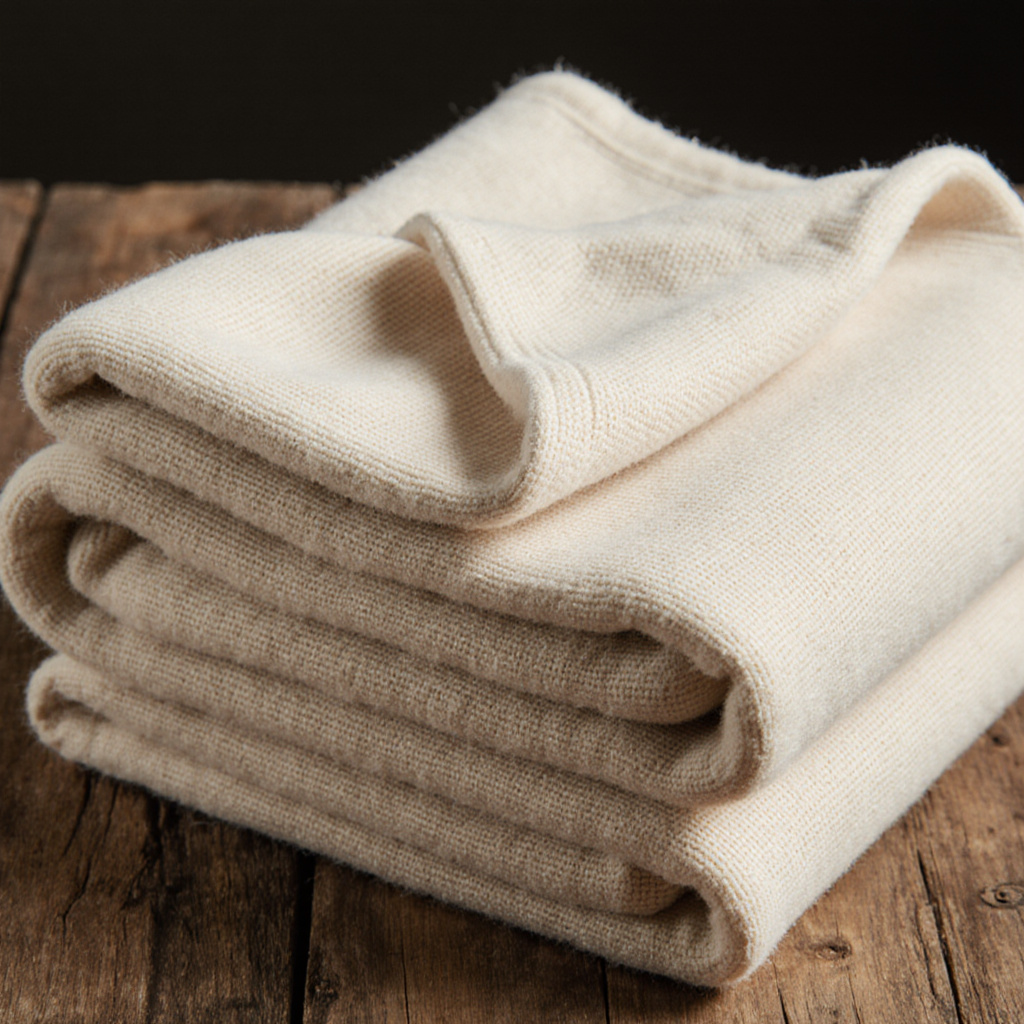 Soft undyed organic cotton lovey blanket folded on wooden surface