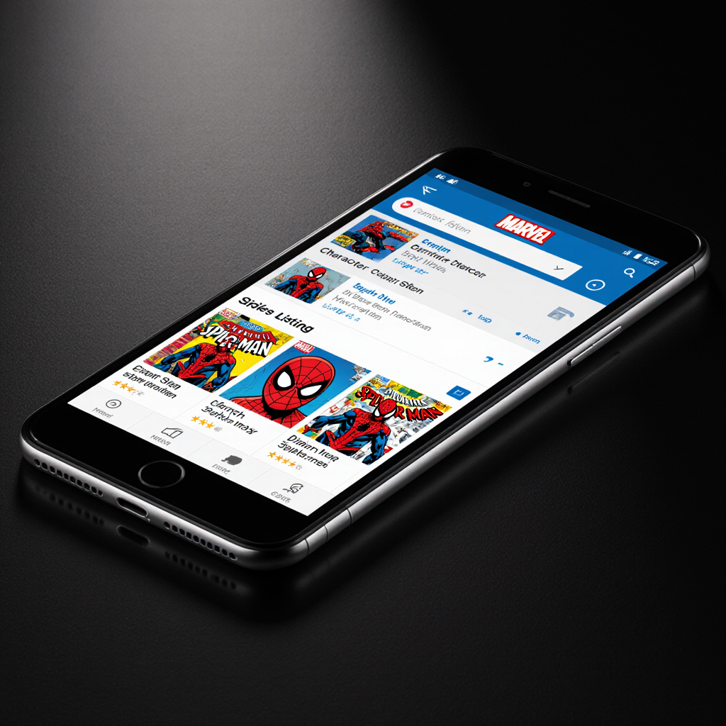 AmazingSpiderman Marvel comic book explorer app showing Spider-Man themed interface with character search and comic listings