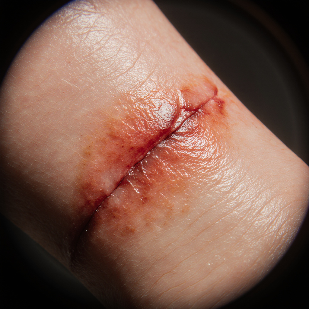 Final on-camera frame grab of burn wound, fully convincing under broadcast lighting