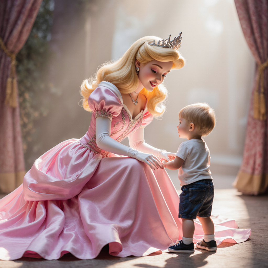 Princess Aurora character in pink gown kneeling to greet a small child