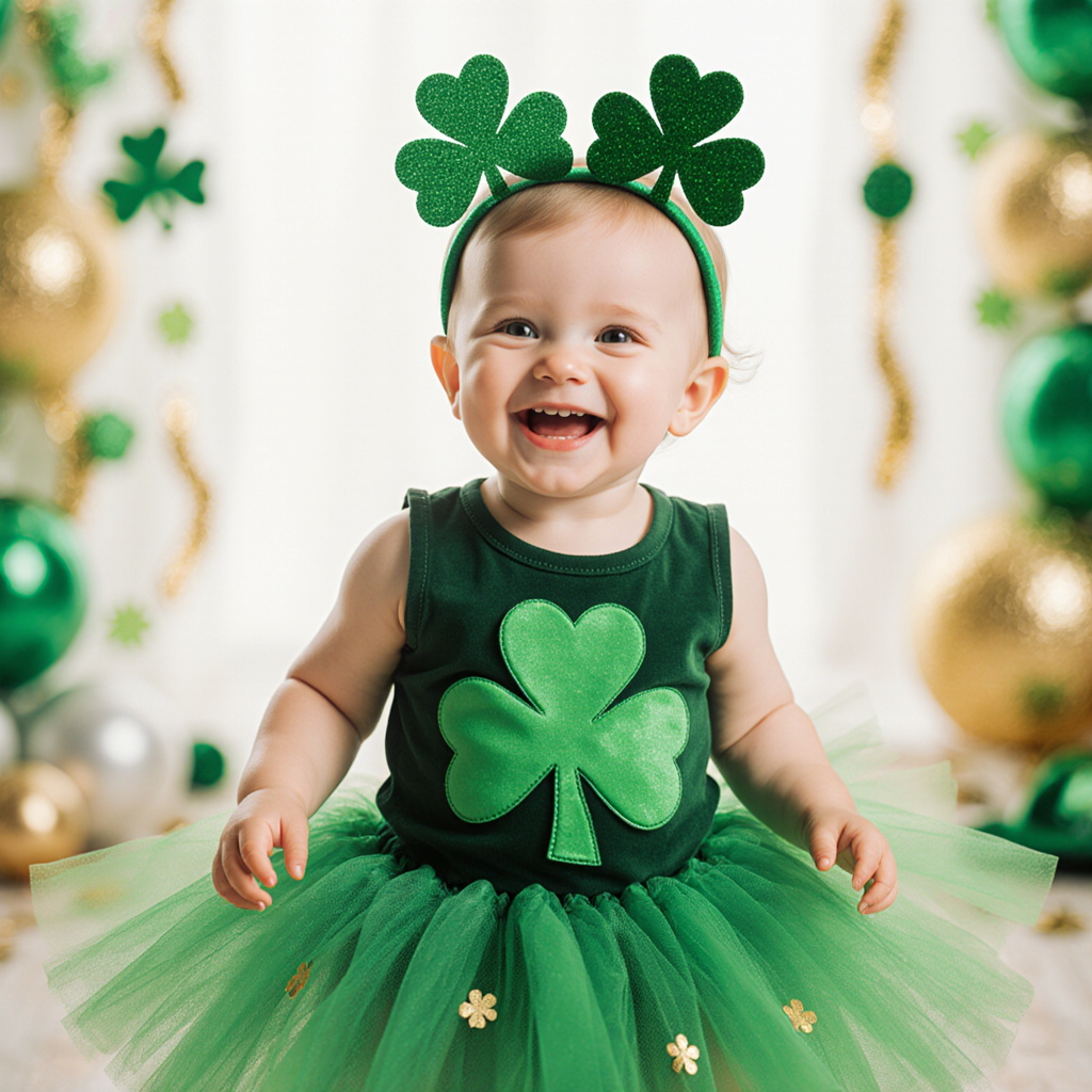 Happy toddler wearing a green clover tutu and shamrock headband at St. Patrick's Day celebration