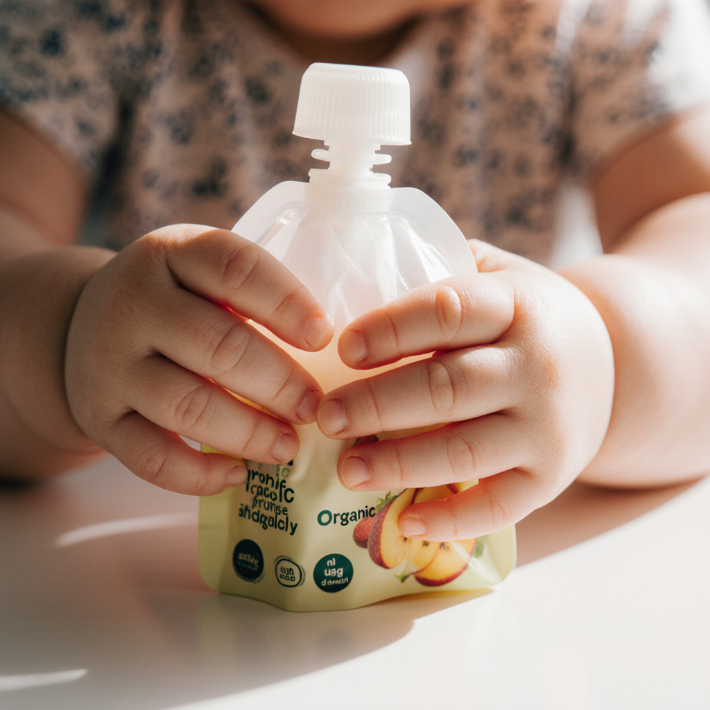 Tiny baby hands squeezing an organic fruit pouch