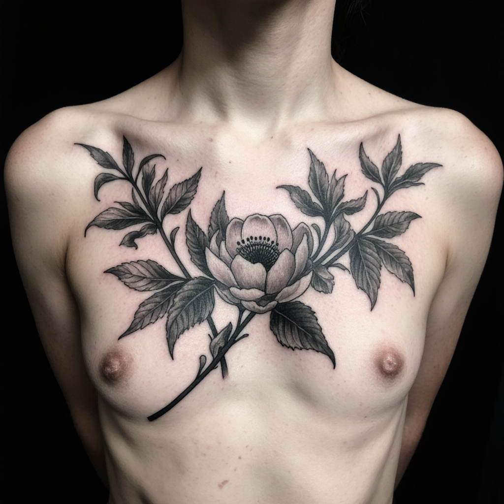 Black and grey botanical illustration tattoo on ribcage showing delicate shading and texture